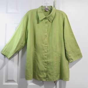 Cali Cali Shirt Plus 100% Linen Half Sleeve Button Down Collared Green Size 1X